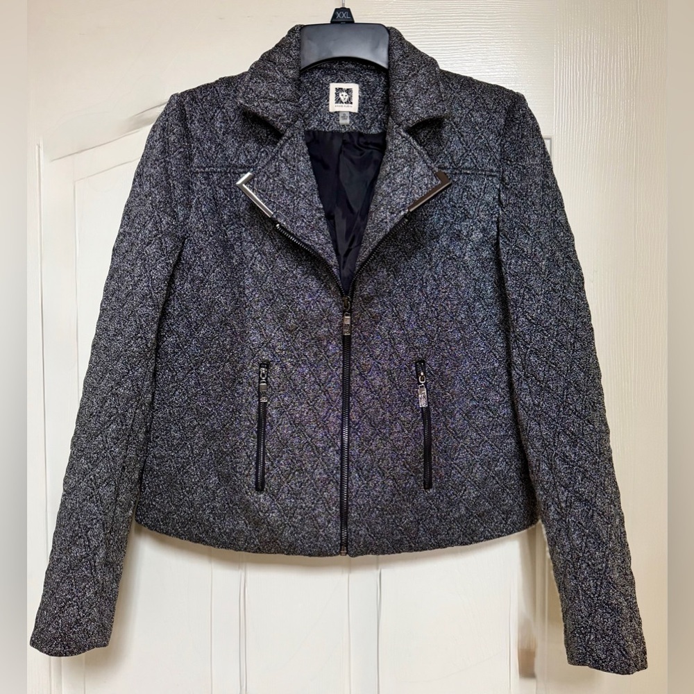 Anne Klein Moto Jacket Metallic Silver Textured, XS, Edgy Chic, EUC